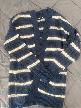 American Eagle Outfitters Navy and Cream Striped Open-Front Cardigan